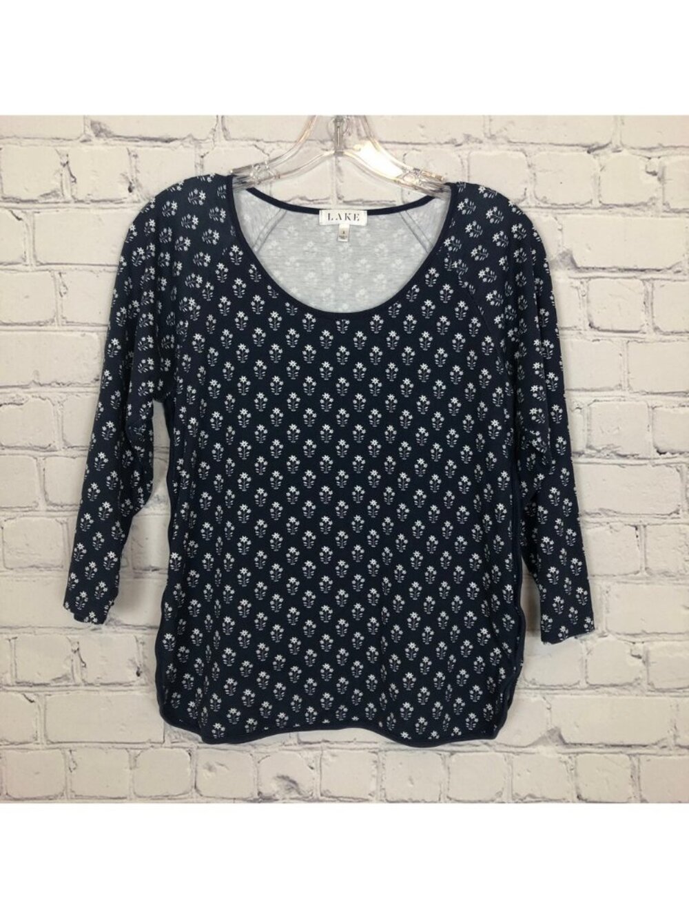 Lake Pima Cotton Navy Floral Pajama Top Size S 3/4 Sleeve
